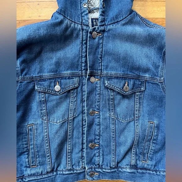 Vintage GAP cropped hooded Sherpa denim jean jacket medium indigo wash S M hood - Picture 7 of 10